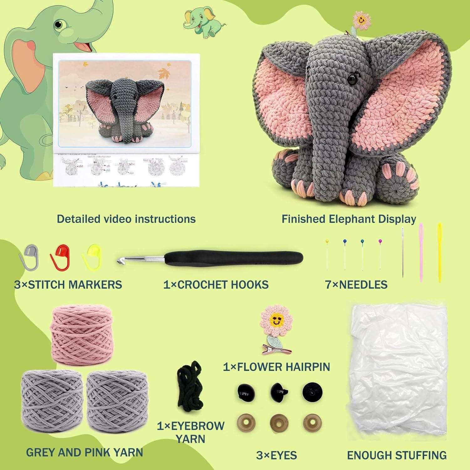 Crochet Kit for Beginners,13in Crochet Animal Kit Elephant,Crochet Starter Kit Gift for Adults Kids with Yarn Sets,Amigurumi Crochet Kits with Step-by-Step Video Tutorials.
