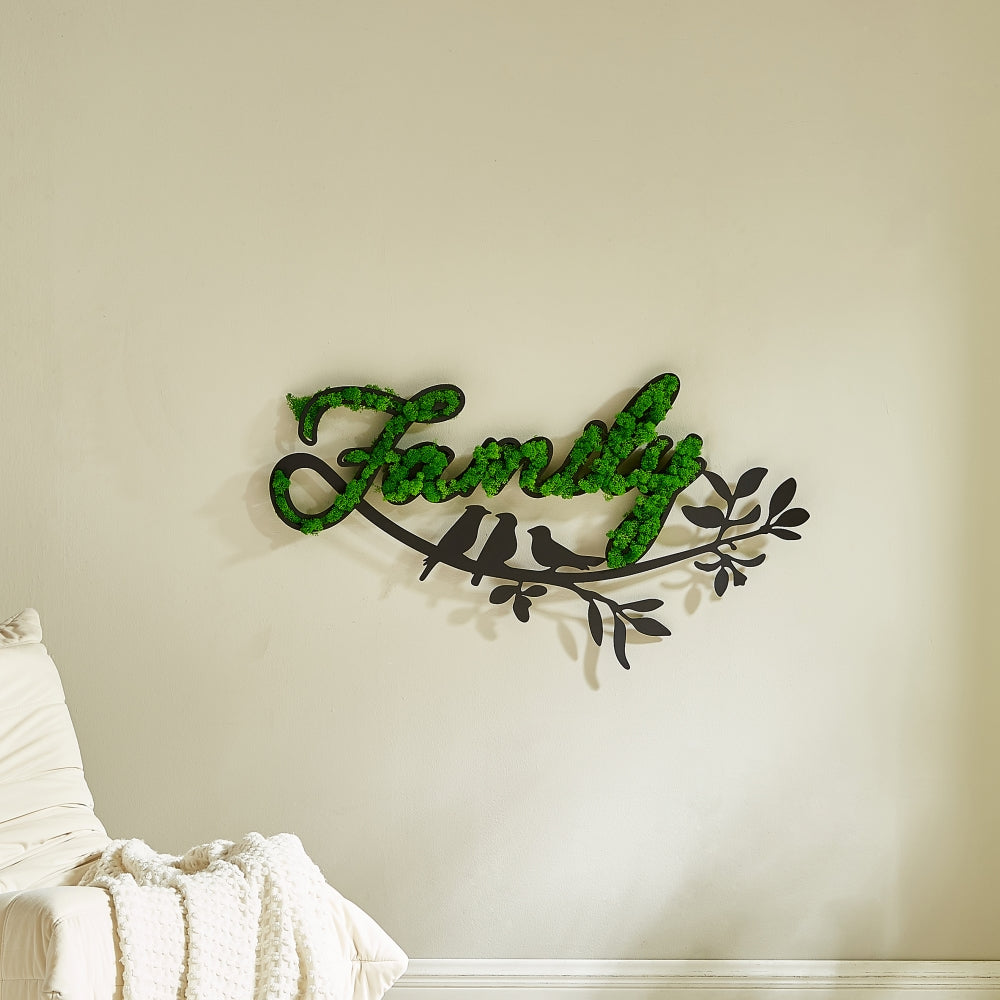 "FAMILY" Moss Wall Art with Wrought Iron Detailing – Nature-Inspired Home Accent - Moss Artistry