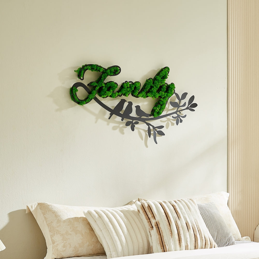 "FAMILY" Moss Wall Art with Wrought Iron Detailing – Nature-Inspired Home Accent - Moss Artistry