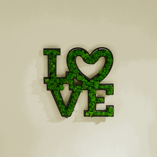 "LOVE" Preserved Moss Wall Art with Wrought Iron FrameOur "LOVE" Moss Wall Decoration is a heartfelt statement piece, meticulously crafted to bring a warm and eco-conscious aesthetic to your space. The lush preserved mo