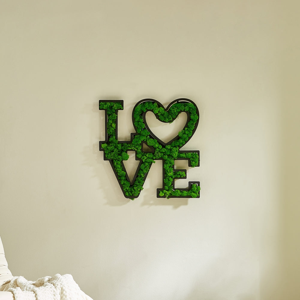 "LOVE" Preserved Moss Wall Art with Wrought Iron FrameOur "LOVE" Moss Wall Decoration is a heartfelt statement piece, meticulously crafted to bring a warm and eco-conscious aesthetic to your space. The lush preserved mo