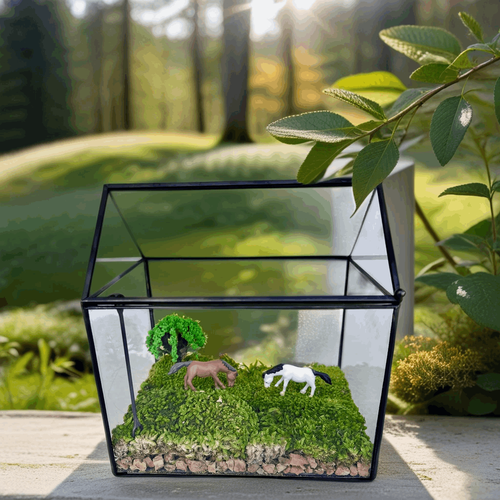 Tranquil Pasture Handmade Glass Terrarium - Miniature Equestrian LandsIntroduce a serene and picturesque scene to your workspace with our "Tranquil Pasture" Handmade Glass Terrarium - a Miniature Equestrian Landscape. This enchanting w