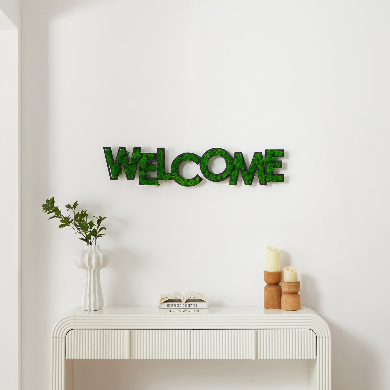 "WELCOME" Preserved Moss Wall Art in Wrought Iron Frame - Moss Artistry