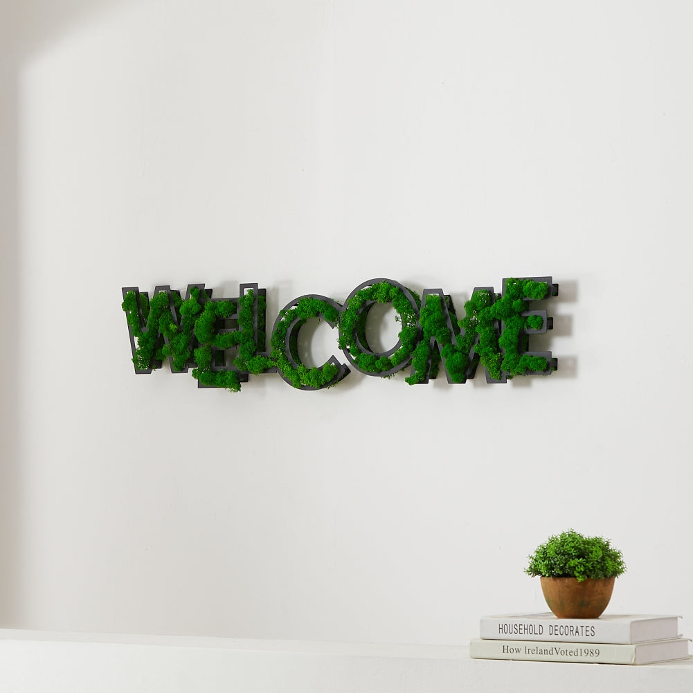 "WELCOME" Preserved Moss Wall Art in Wrought Iron Frame - Moss Artistry