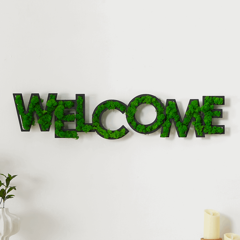 "WELCOME" Preserved Moss Wall Art in Wrought Iron Frame